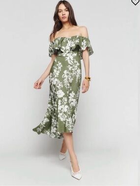 Reformation Butterfly Green Floral Off Shoulder Midi Dress Size 6